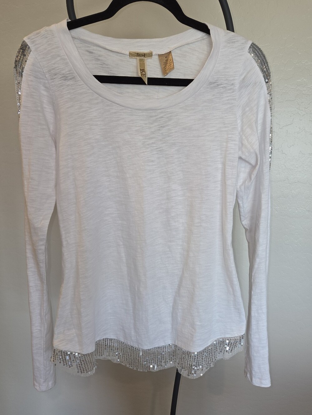Buckle White Long Sleeve Scoop Neck Top with Silver Sequin Trim